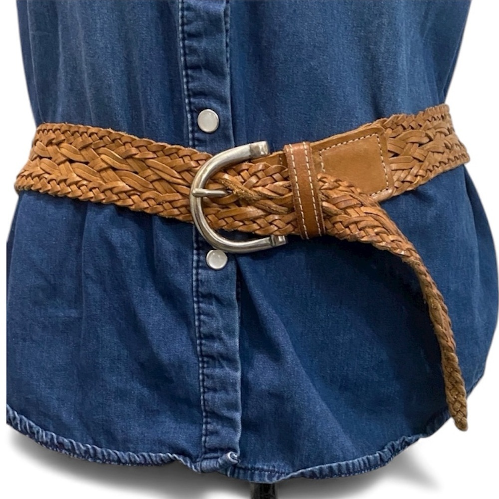 Calvin Klein Jeans Tan Braided Leather Belt with Silver Buckle Size Medium